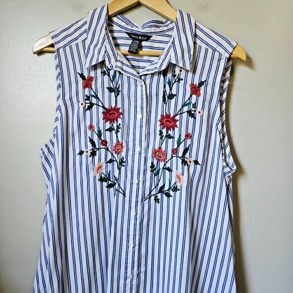 EUC LIKE NEW TERRE BLUE 100% LYOCELL STRIPED EMBROIDERED BUTTON DOWN DRESS SZ L - Picture 6 of 16